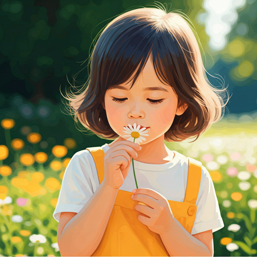 Niña oliendo una flor en el jardín soleado