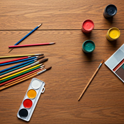 Materiales de arte coloridos sobre mesa de madera