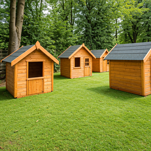 Área de jardín exterior con casitas de madera