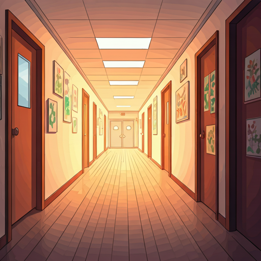 Pasillo interior cálido con arte infantil en las paredes